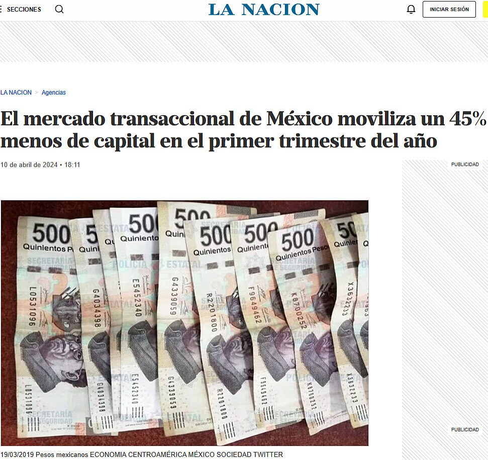 El mercado transaccional de Mxico moviliza un 45% menos de capital en el primer trimestre del ao